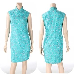 Unbranded Vintage 60s Blue & Pink Print Nehru Collar Silk Cocktail Dress size 8